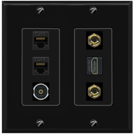 RiteAV 1 Speaker 2 Banana Binding Post Wall Plate 2 Cat6 1 x Toslink Optical and HDMI - 2 Gang [Black/Black]