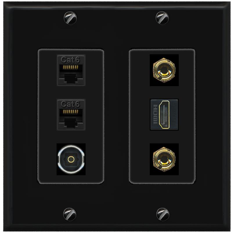 RiteAV 1 Speaker 2 Banana Binding Post Wall Plate 2 Cat6 1 x Toslink Optical and HDMI - 2 Gang [Black/Black]