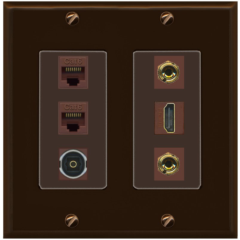 RiteAV 1 Speaker 2 Banana Binding Post Wall Plate 2 Cat6 1 x Toslink Optical and HDMI - 2 Gang [Brown/Brown]