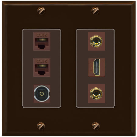 RiteAV 1 Speaker 2 Banana Binding Post Wall Plate 2 Cat6 1 x Toslink Optical and HDMI - 2 Gang [Brown/Brown]