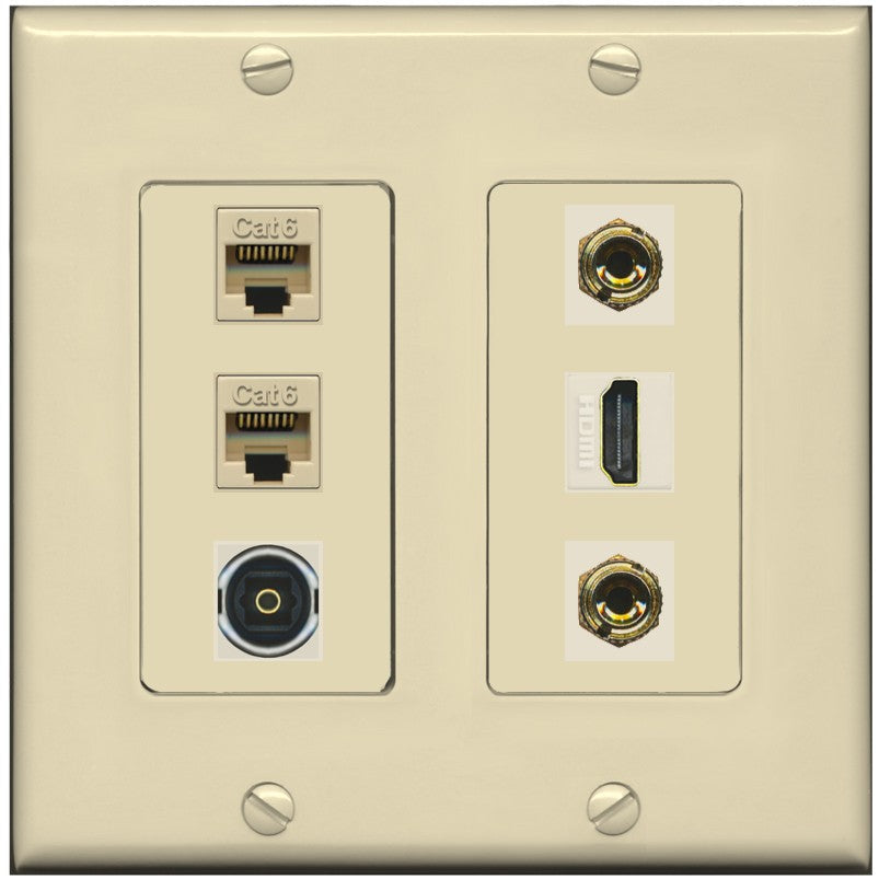 RiteAV 1 Speaker 2 Banana Binding Post Wall Plate 2 Cat6 1 x Toslink Optical and HDMI - 2 Gang [Ivory/Ivory]