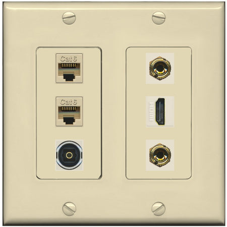 RiteAV 1 Speaker 2 Banana Binding Post Wall Plate 2 Cat6 1 x Toslink Optical and HDMI - 2 Gang [Ivory/Ivory]