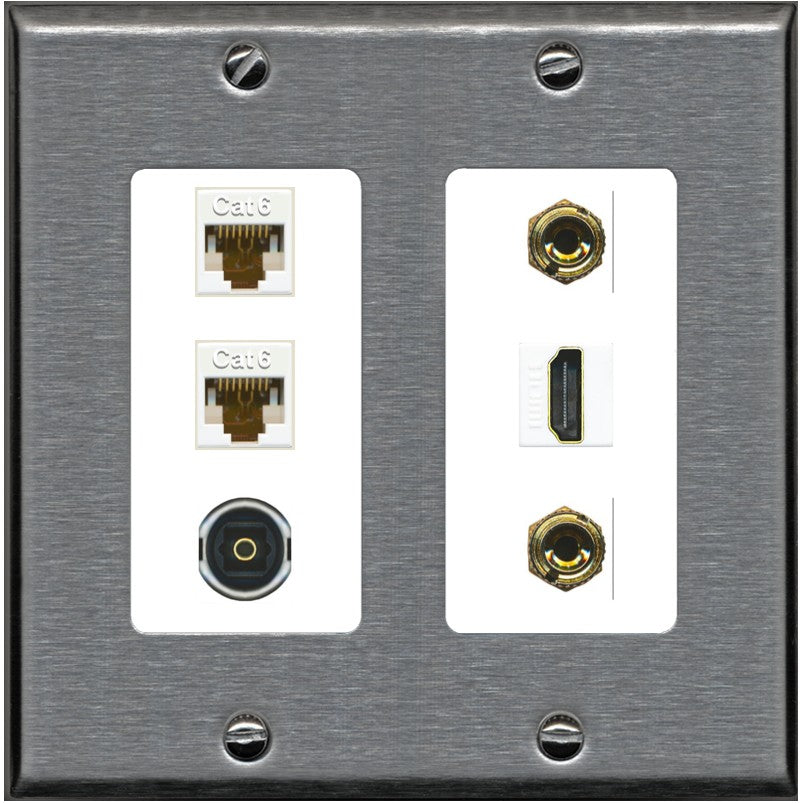RiteAV 1 Speaker 2 Banana Binding Post Wall Plate 2 Cat6 1 x Toslink Optical and HDMI - 2 Gang [Stainless/White]