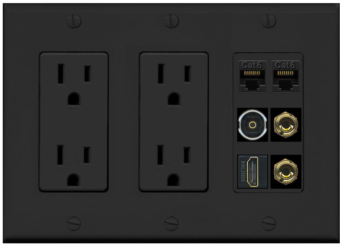 RiteAV 1 Speaker 2 Banana Binding Post Wall Plate 2 Cat6 1 x Toslink Optical and HDMI - 2 Outlet [Black/Black]
