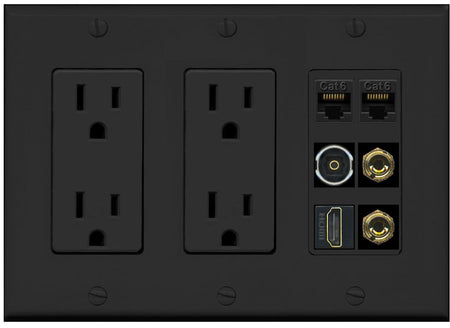 RiteAV 1 Speaker 2 Banana Binding Post Wall Plate 2 Cat6 1 x Toslink Optical and HDMI - 2 Outlet [Black/Black]