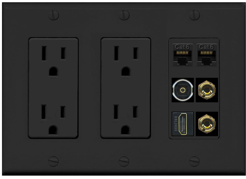 RiteAV 1 Speaker 2 Banana Binding Post Wall Plate 2 Cat6 1 x Toslink Optical and HDMI - 2 Outlet [Black/Black]