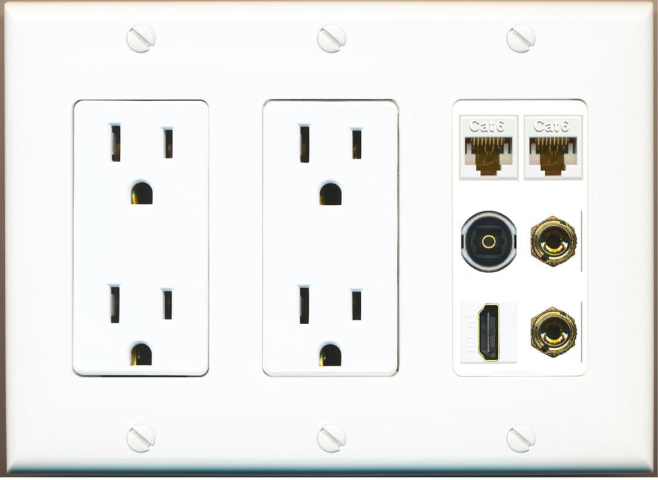 RiteAV 1 Speaker 2 Banana Binding Post Wall Plate 2 Cat6 1 x Toslink Optical and HDMI - 2 Outlet [White]