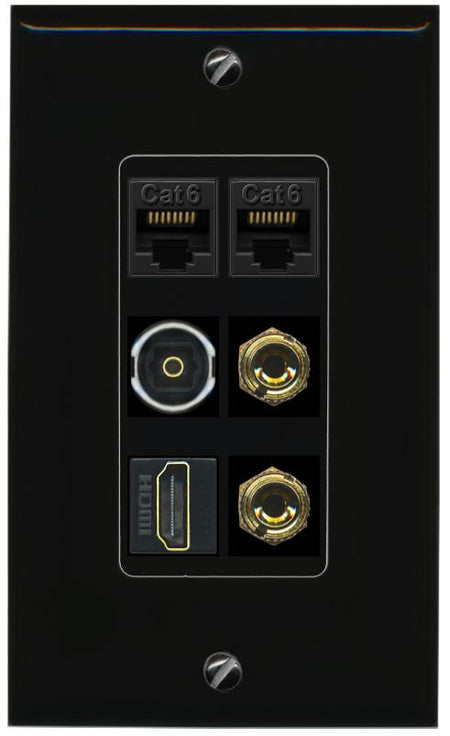 RiteAV 1 Speaker 2 Banana Binding Post Wall Plate 2 Cat6 1 x Toslink Optical and HDMI - 1 Gang [Black/Black]