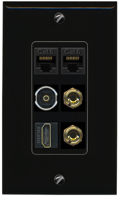 RiteAV 1 Speaker 2 Banana Binding Post Wall Plate 2 Cat6 1 x Toslink Optical and HDMI - 1 Gang [Black/Black]