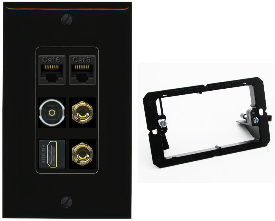 RiteAV 1 Speaker 2 Banana Binding Post Wall Plate 2 Cat6 1 x Toslink Optical and HDMI - Bracket [Black/Black]