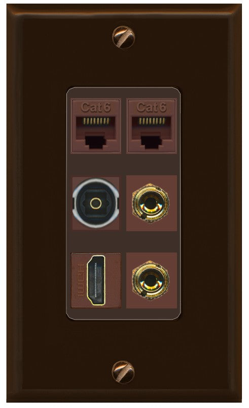 RiteAV 1 Speaker 2 Banana Binding Post Wall Plate 2 Cat6 1 x Toslink Optical and HDMI - 1 Gang Decorative [Brown/Brown]