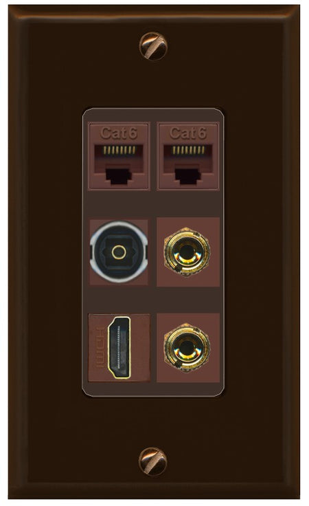 RiteAV 1 Speaker 2 Banana Binding Post Wall Plate 2 Cat6 1 x Toslink Optical and HDMI - 1 Gang Decorative [Brown/Brown]