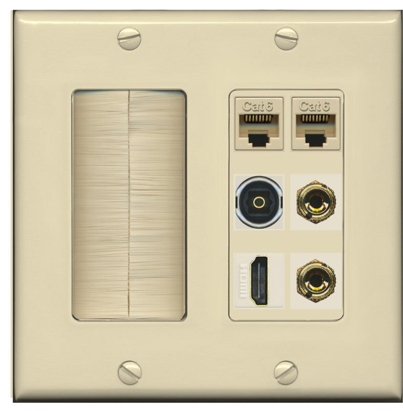 RiteAV 1 Speaker 2 Banana Binding Post Wall Plate 2 Cat6 1 x Toslink Optical and HDMI - Brush [Ivory/Ivory]
