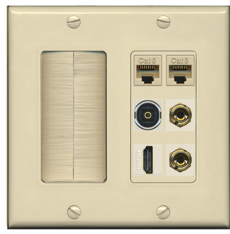 RiteAV 1 Speaker 2 Banana Binding Post Wall Plate 2 Cat6 1 x Toslink Optical and HDMI - Brush [Ivory/Ivory]