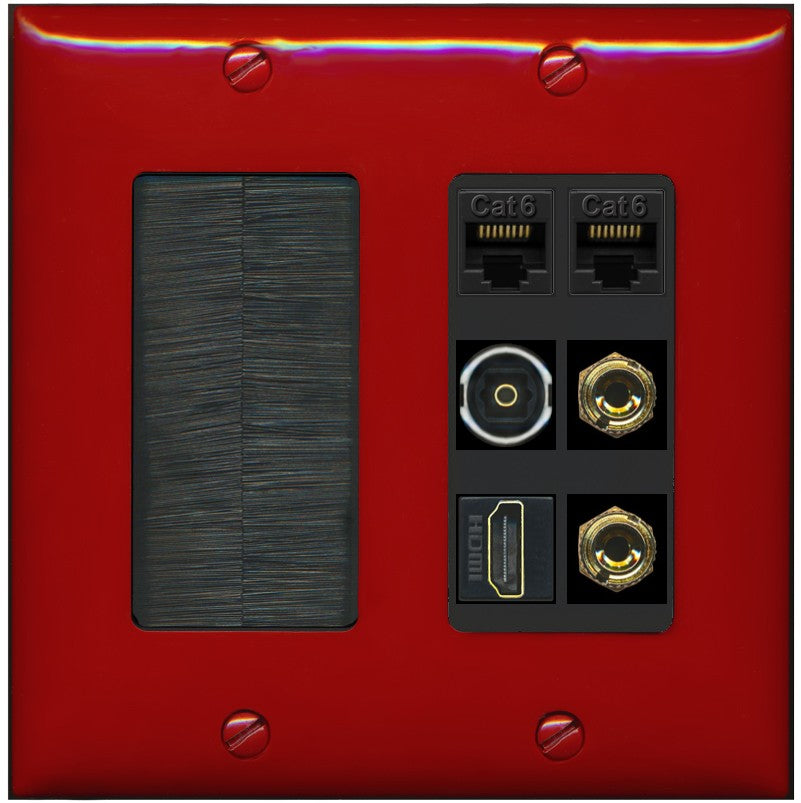 RiteAV 1 Speaker 2 Banana Binding Post Wall Plate 2 Cat6 1 x Toslink Optical and HDMI - Brush [Red/Black]