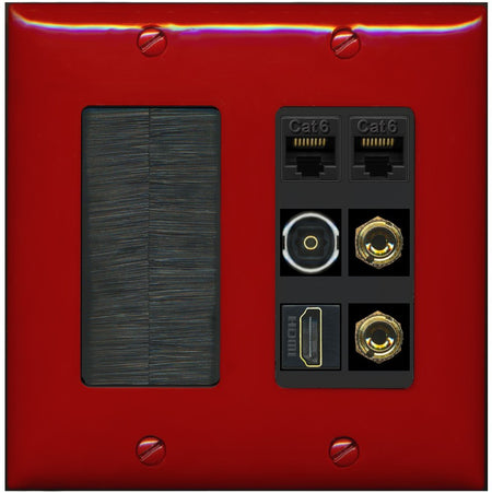 RiteAV 1 Speaker 2 Banana Binding Post Wall Plate 2 Cat6 1 x Toslink Optical and HDMI - Brush [Red/Black]
