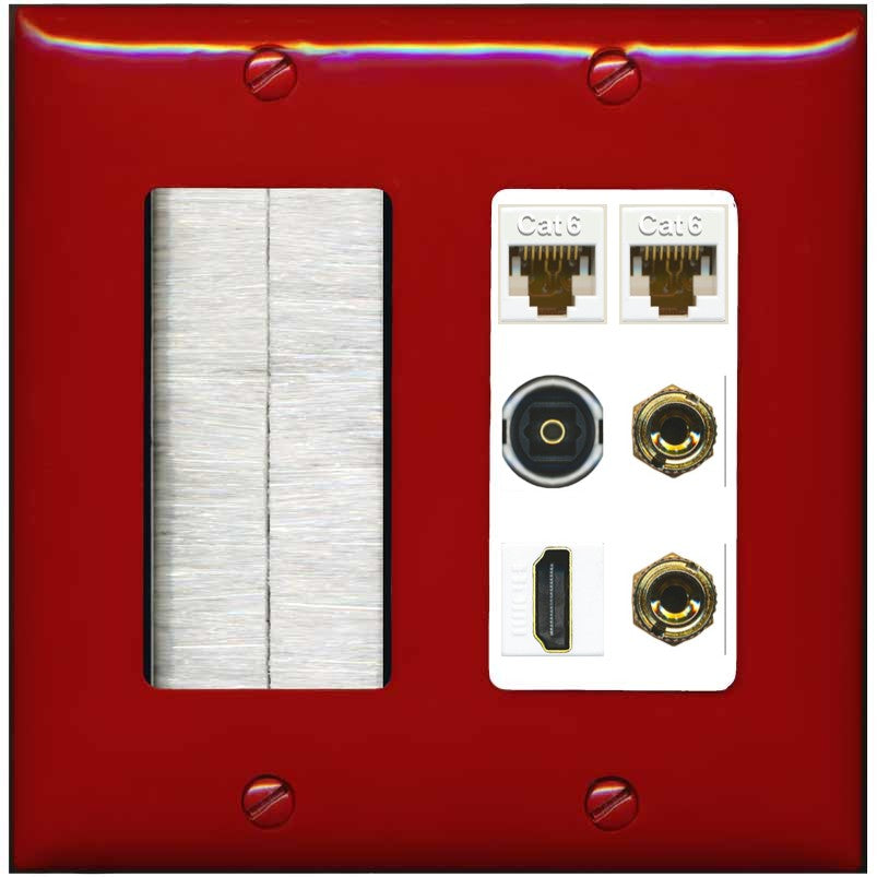 RiteAV 1 Speaker 2 Banana Binding Post Wall Plate 2 Cat6 1 x Toslink Optical and HDMI - Brush [Red/White]