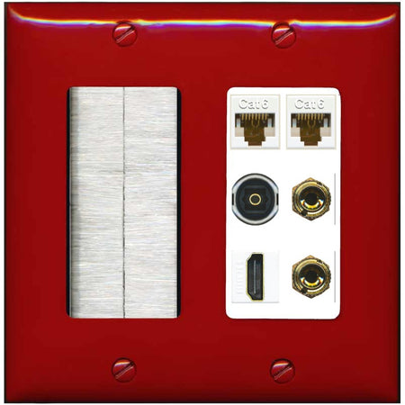 RiteAV 1 Speaker 2 Banana Binding Post Wall Plate 2 Cat6 1 x Toslink Optical and HDMI - Brush [Red/White]