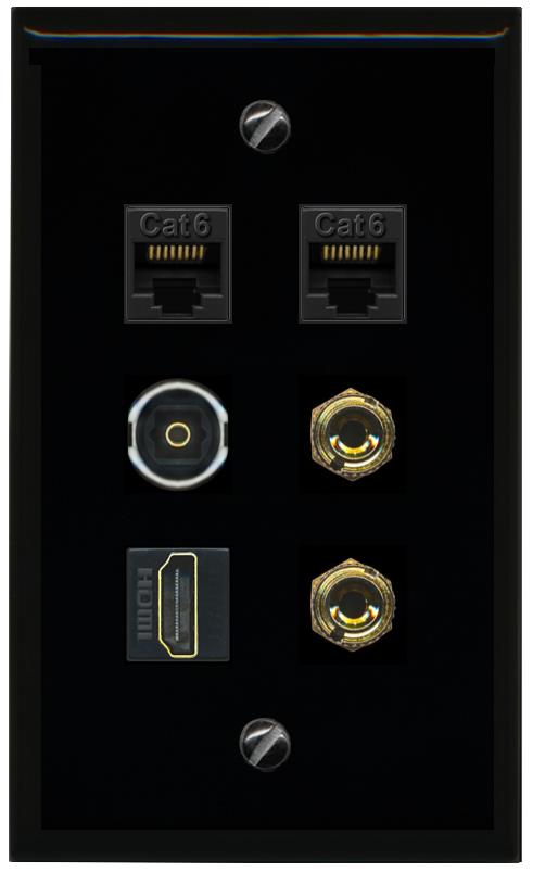 RiteAV 1 Speaker 2 Banana Binding Post Wall Plate 2 Cat6 1 x Toslink Optical and HDMI - Flat [Black/Black]