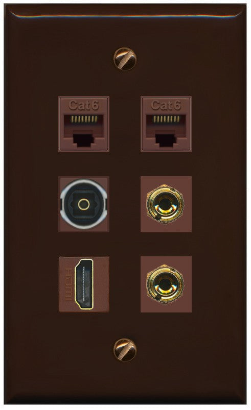 RiteAV 1 Speaker 2 Banana Binding Post Wall Plate 2 Cat6 1 x Toslink Optical and HDMI - Flat Style [Brown/Brown]
