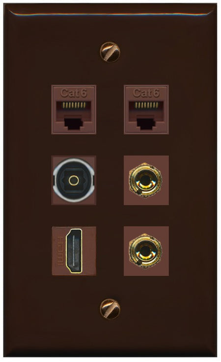 RiteAV 1 Speaker 2 Banana Binding Post Wall Plate 2 Cat6 1 x Toslink Optical and HDMI - Flat Style [Brown/Brown]