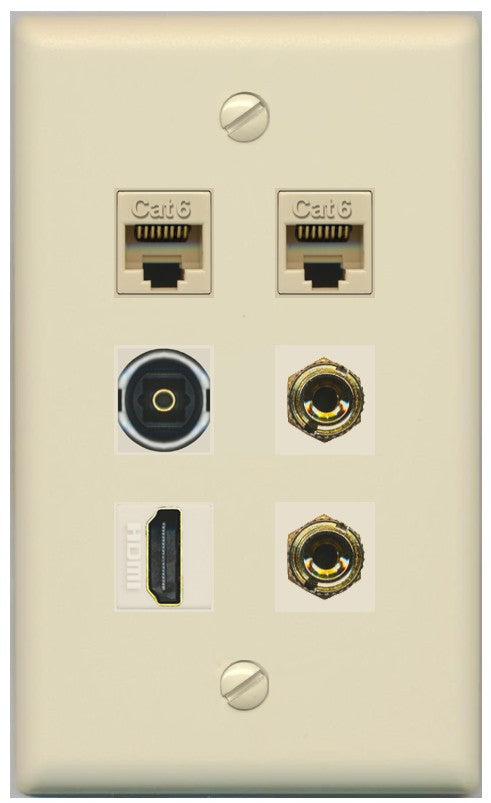 RiteAV 1 Speaker 2 Banana Binding Post Wall Plate 2 Cat6 1 x Toslink Optical and HDMI - Flat Style [Ivory/Ivory]