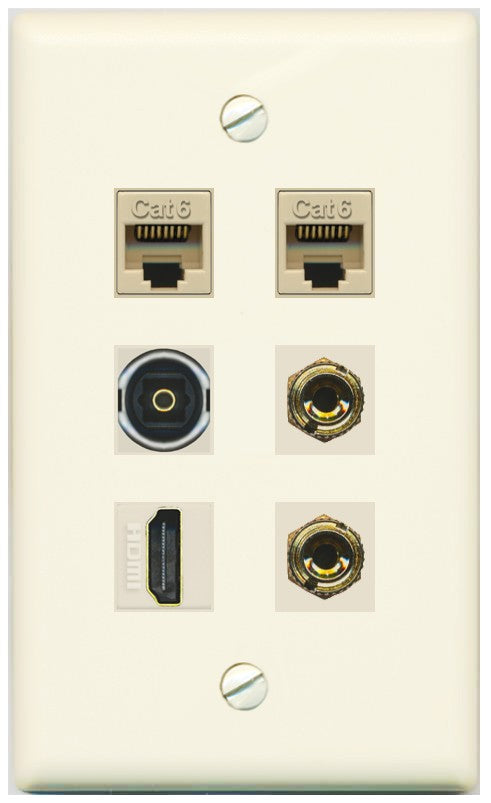 RiteAV 1 Speaker 2 Banana Binding Post Wall Plate 2 Cat6 1 x Toslink Optical and HDMI - Flat Style [Light-Almond]