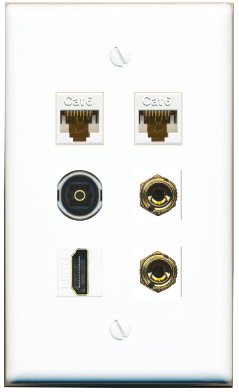 RiteAV 1 Speaker 2 Banana Binding Post Wall Plate 2 Cat6 1 x Toslink Optical and HDMI - Flat [White]