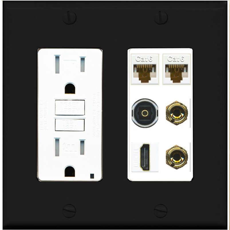 RiteAV 1 Speaker 2 Banana Binding Post Wall Plate 2 Cat6 1 x Toslink Optical and HDMI - GFCI Outlet [Black/White]