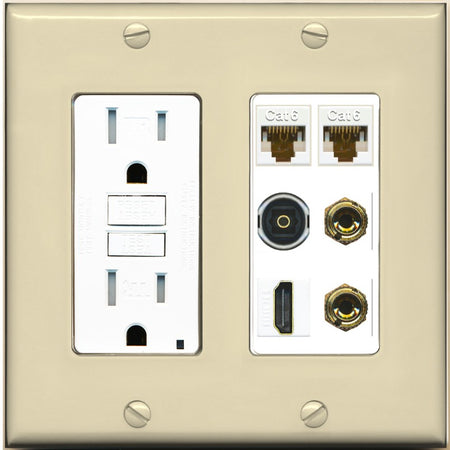 RiteAV 1 Speaker 2 Banana Binding Post Wall Plate 2 Cat6 1 x Toslink Optical and HDMI - GFCI Outlet [Ivory/White]