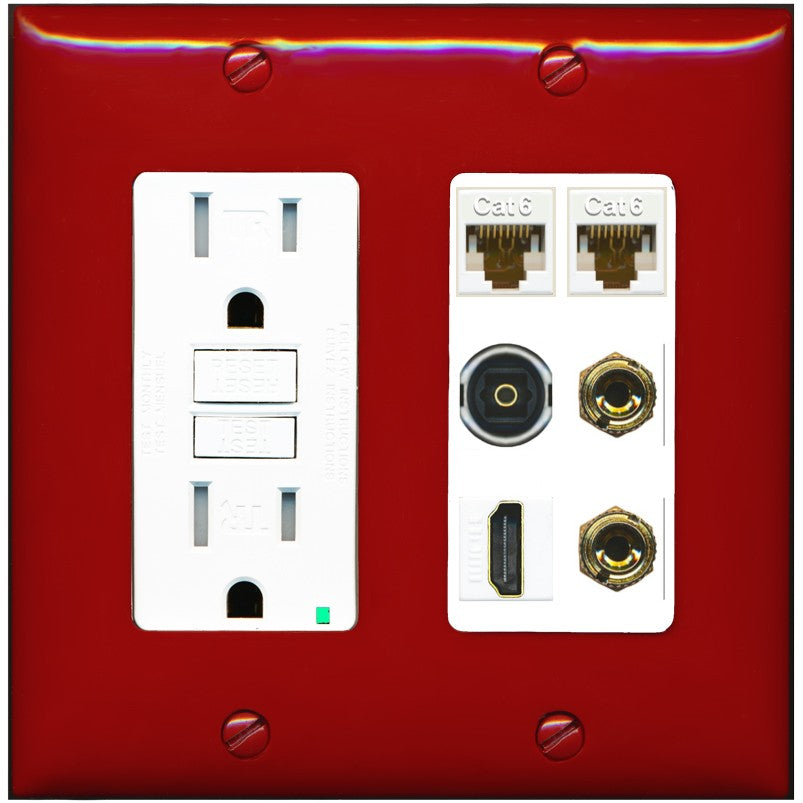 RiteAV 1 Speaker 2 Banana Binding Post Wall Plate 2 Cat6 1 x Toslink Optical and HDMI - GFCI Outlet [Red/White]