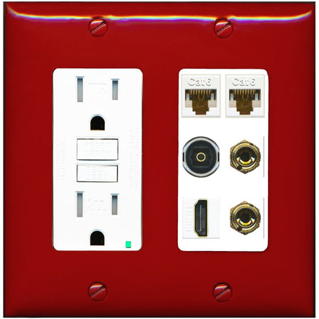 RiteAV 1 Speaker 2 Banana Binding Post Wall Plate 2 Cat6 1 x Toslink Optical and HDMI - GFCI Outlet [Red/White]