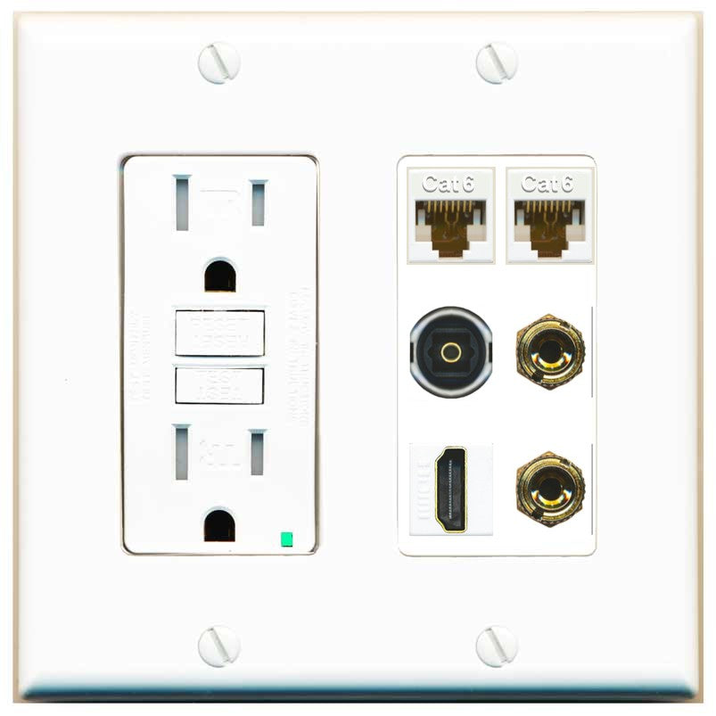 RiteAV 1 Speaker 2 Banana Binding Post Wall Plate 2 Cat6 1 x Toslink Optical and HDMI - GFCI Outlet [White]