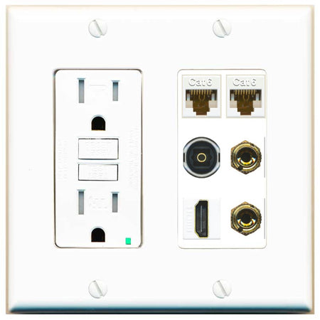 RiteAV 1 Speaker 2 Banana Binding Post Wall Plate 2 Cat6 1 x Toslink Optical and HDMI - GFCI Outlet [White]