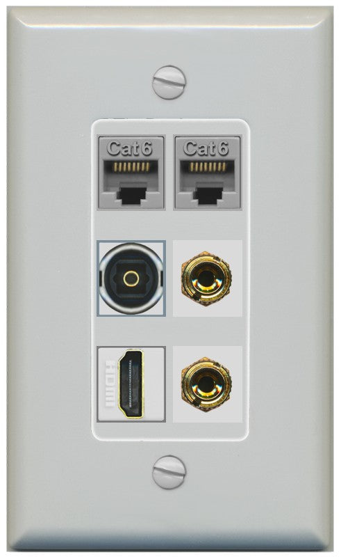 RiteAV 1 Speaker 2 Banana Binding Post Wall Plate 2 Cat6 1 x Toslink Optical and HDMI - 1 Gang Decorative [Gray/Gray]