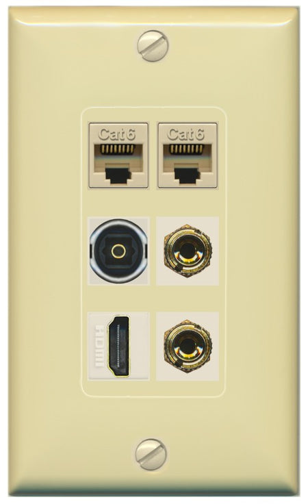 RiteAV 1 Speaker 2 Banana Binding Post Wall Plate 2 Cat6 1 x Toslink Optical and HDMI - 1 Gang Decorative [Ivory/Ivory]