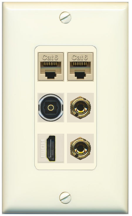 RiteAV 1 Speaker 2 Banana Binding Post Wall Plate 2 Cat6 1 x Toslink Optical and HDMI - 1 Gang Decorative [Light-Almond]