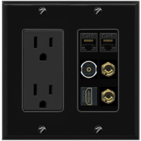 RiteAV 1 Speaker 2 Banana Binding Post Wall Plate 2 Cat6 1 x Toslink Optical and HDMI - Outlet [Black/Black]