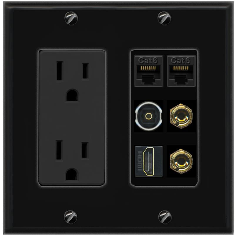 RiteAV 1 Speaker 2 Banana Binding Post Wall Plate 2 Cat6 1 x Toslink Optical and HDMI - Outlet [Black/Black]