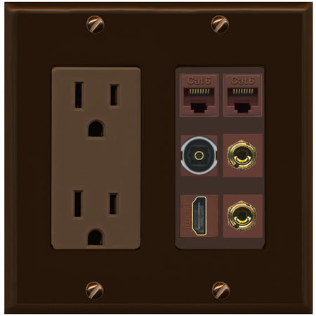 RiteAV 1 Speaker 2 Banana Binding Post Wall Plate 2 Cat6 1 x Toslink Optical and HDMI - Outlet [Brown/Brown]