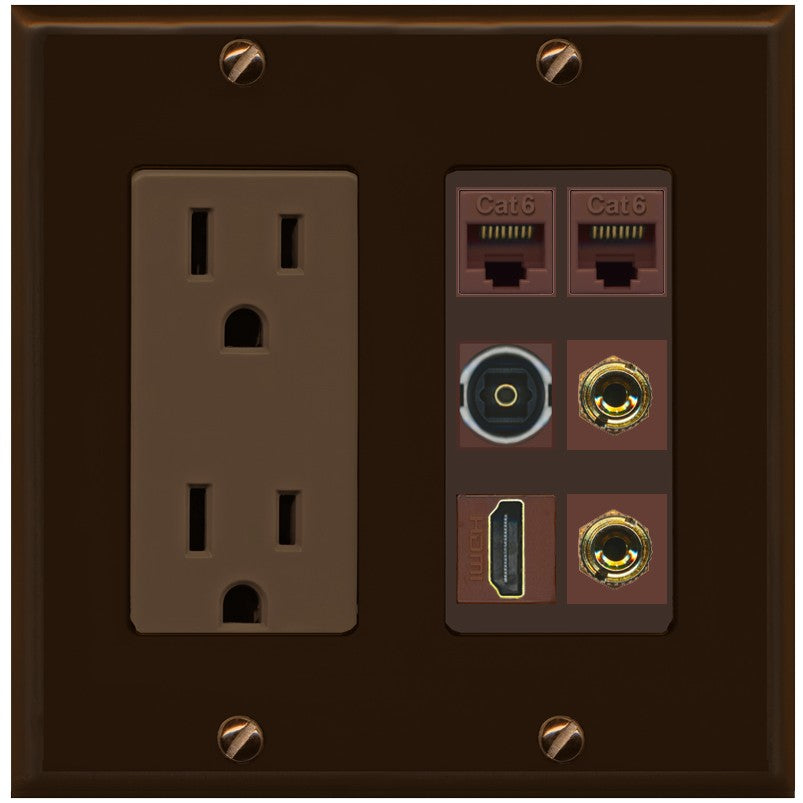 RiteAV 1 Speaker 2 Banana Binding Post Wall Plate 2 Cat6 1 x Toslink Optical and HDMI - Outlet [Brown/Brown]