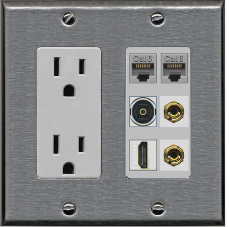 RiteAV 1 Speaker 2 Banana Binding Post Wall Plate 2 Cat6 1 x Toslink Optical and HDMI - Outlet [Stainless/Gray]
