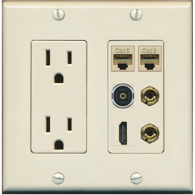 RiteAV 1 Speaker 2 Banana Binding Post Wall Plate 2 Cat6 1 x Toslink Optical and HDMI - Outlet [Light-Almond]