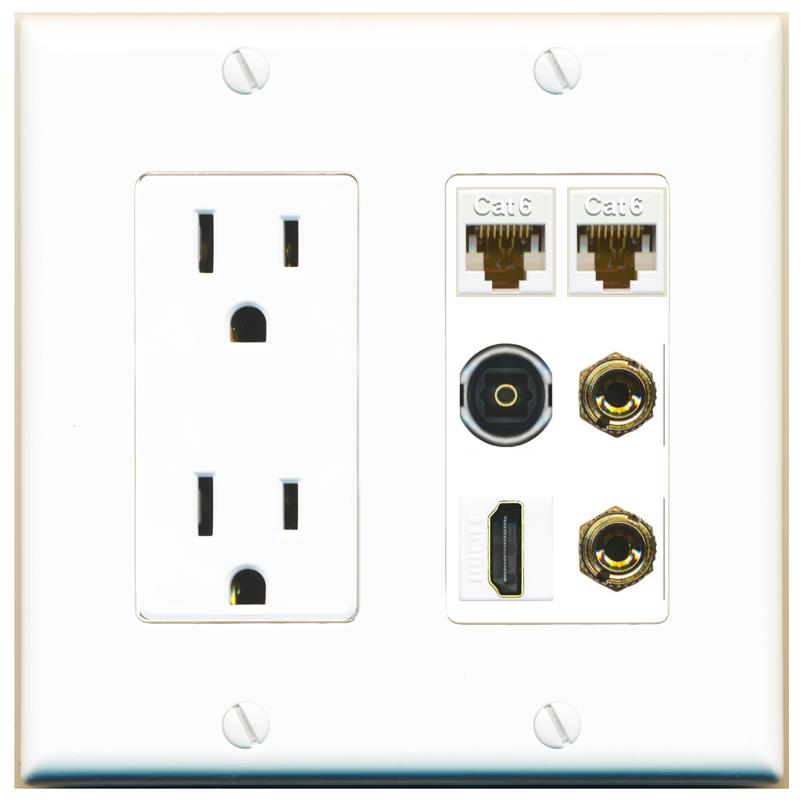 RiteAV 1 Speaker 2 Banana Binding Post Wall Plate 2 Cat6 1 x Toslink Optical and HDMI - Outlet [White]
