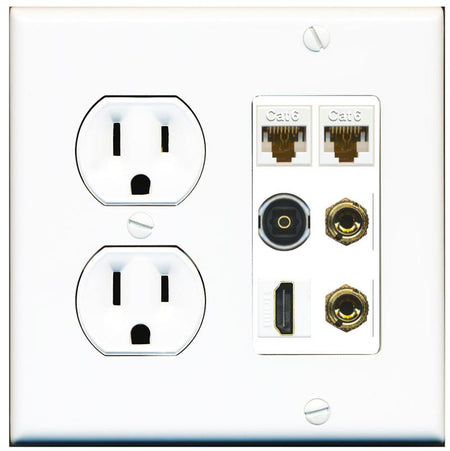 RiteAV 1 Speaker 2 Banana Binding Post Wall Plate 2 Cat6 1 x Toslink Optical and HDMI - Round Outlet [White]