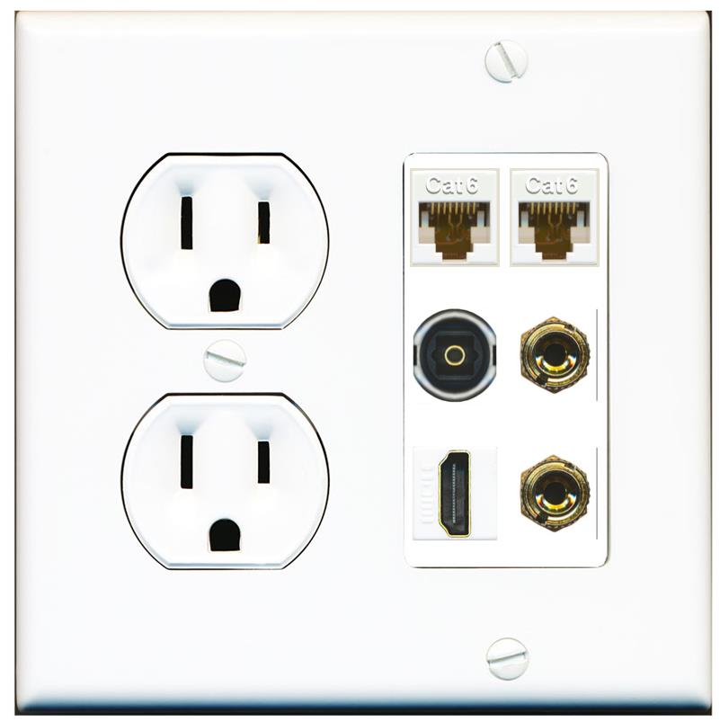 RiteAV 1 Speaker 2 Banana Binding Post Wall Plate 2 Cat6 1 x Toslink Optical and HDMI - Round Outlet [White]