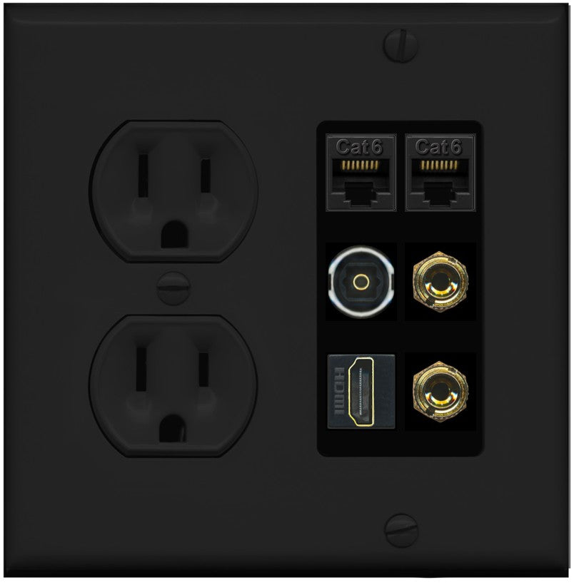 RiteAV 1 Speaker 2 Banana Binding Post Wall Plate 2 Cat6 1 x Toslink Optical and HDMI - Round Outlet [Black/Black]