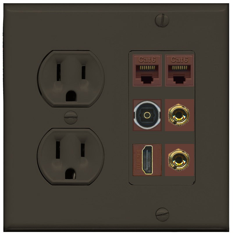 RiteAV 1 Speaker 2 Banana Binding Post Wall Plate 2 Cat6 1 x Toslink Optical and HDMI - Round Outlet [Brown/Brown]