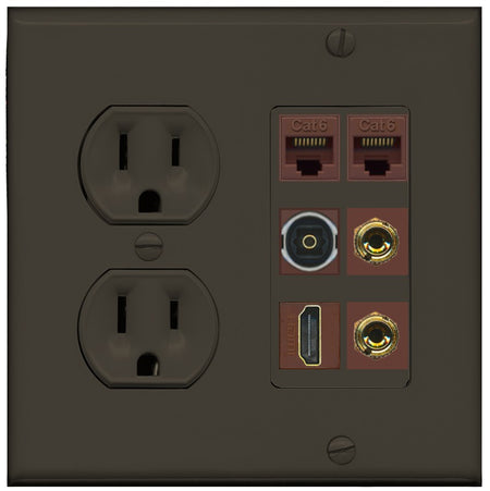 RiteAV 1 Speaker 2 Banana Binding Post Wall Plate 2 Cat6 1 x Toslink Optical and HDMI - Round Outlet [Brown/Brown]