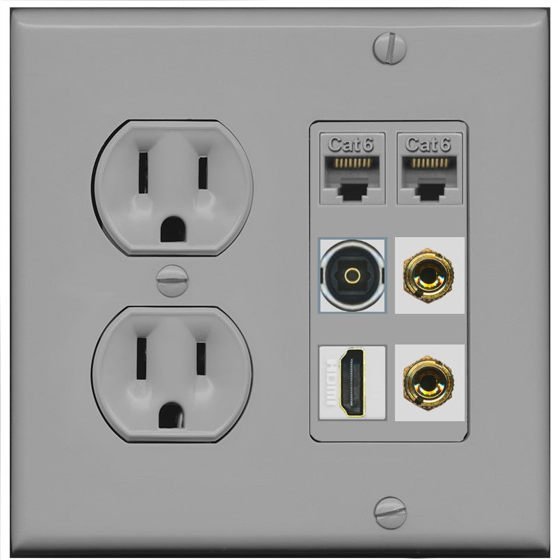 RiteAV 1 Speaker 2 Banana Binding Post Wall Plate 2 Cat6 1 x Toslink Optical and HDMI - Round Outlet [Gray/Gray]
